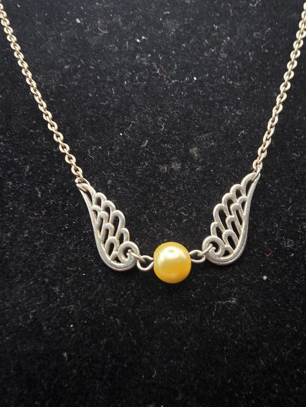 Vintage Antiqued Silver Winged Golden Pearl Necklace
